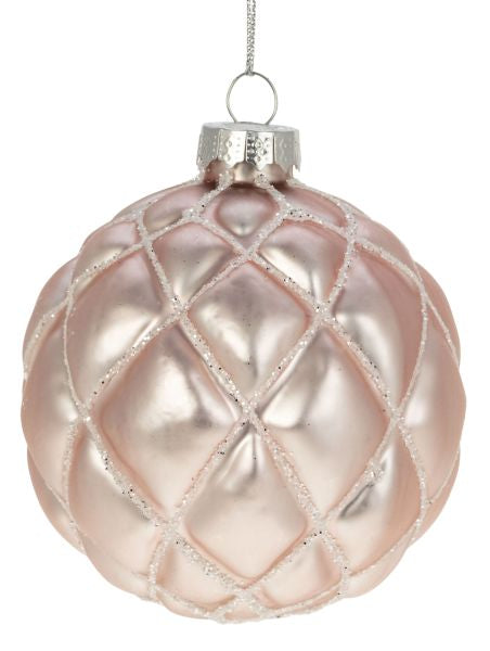 Julekugle Glas 8 cm – Soft Pink med Hvidt Glittermønster by WEISTE