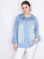 Denimlook bluse med flæsekanter - Str. 36-48 by Krone 1