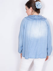 Denimlook bluse med flæsekanter - Str. 36-48 by Krone 1