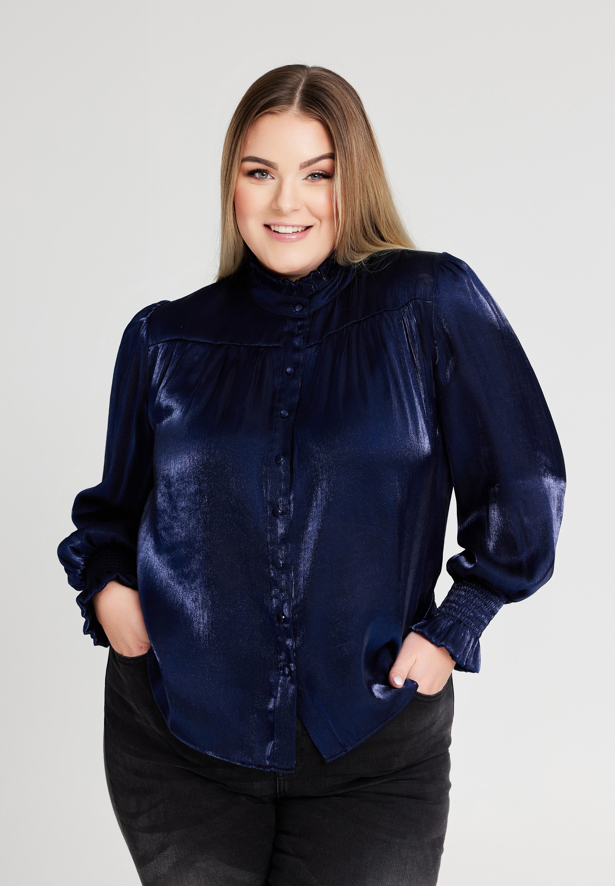 No. 1 By Ox Shirt w flair neckline and cuffs Navy Blue by No. 1 By Ox