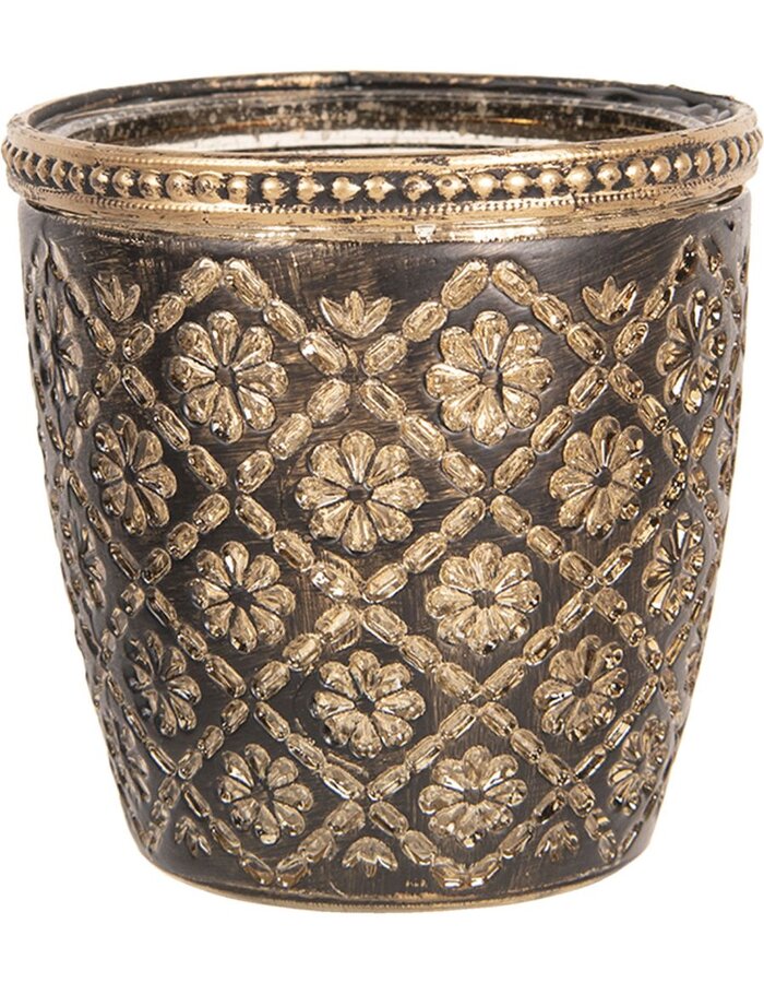 Brun fyrfadsstage i glas med blomster 9x9 cm romantisk og dekorativ lysestage by C&E