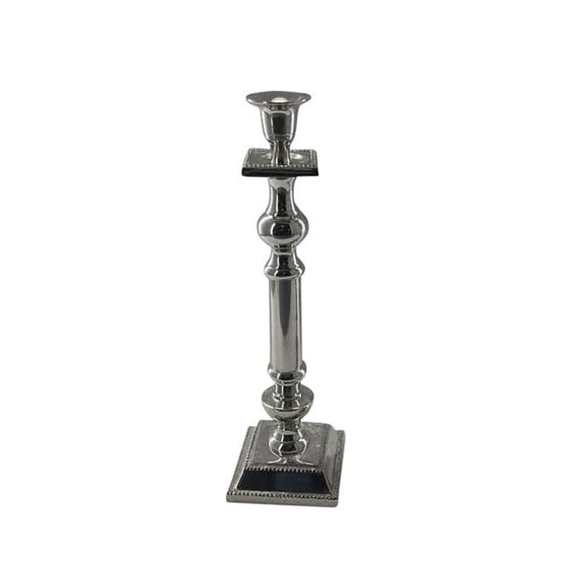Candlestick shiny nickel aluminium angular base with dot decoration 12x12x40cm