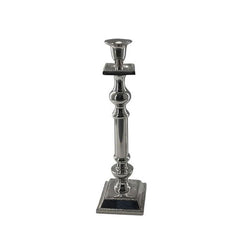 Candlestick shiny nickel aluminium angular base with dot decoration 12x12x40cm