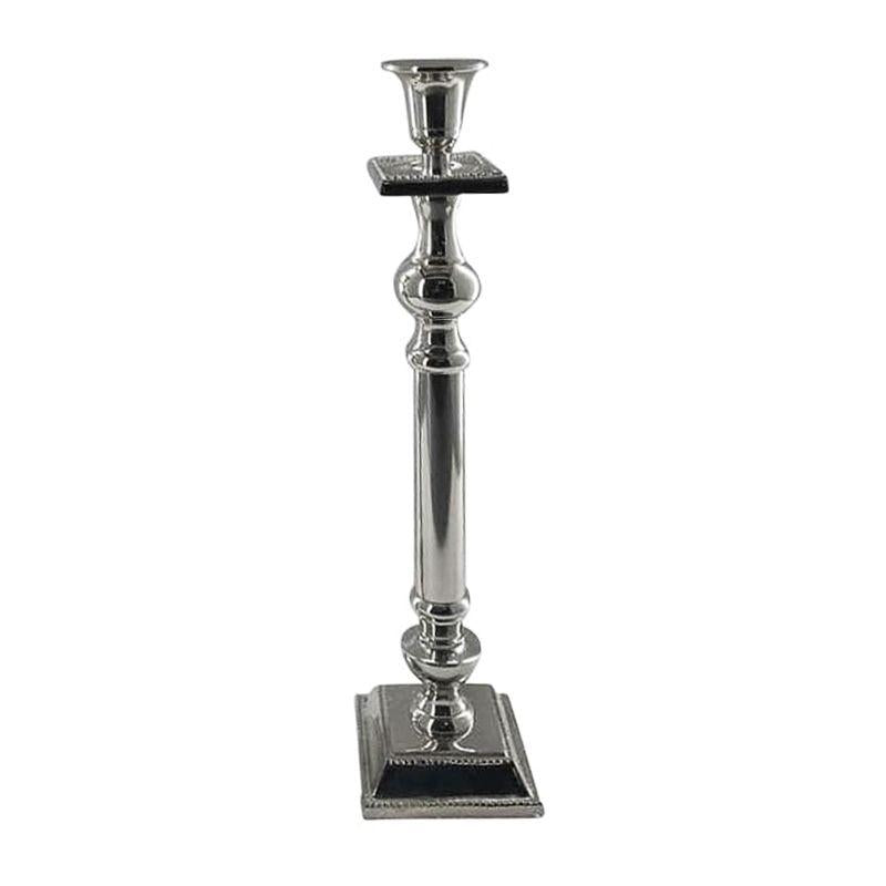 Candlestick shiny nickel aluminium angular base with dot decoration 12x12x45cm