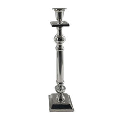 Candlestick shiny nickel aluminium angular base with dot decoration 12x12x45cm