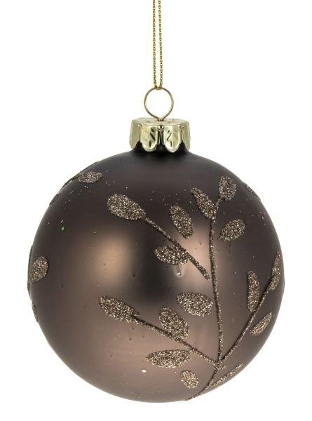 GLASS BALL 8CM BROWN W/GLITTER LEAVES