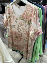 T-shirt med blomster rosa khaki lyseblå - Brystmål 130cm