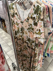 A-shape kjole med blomster print khaki rosa - Brystmål 130cm - Preorder