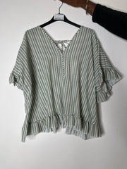 Stribet bluse med flæser khaki - ITJULI25