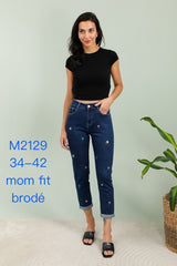 Mom fit jeans med broderet blomster darkwash by G-Smack