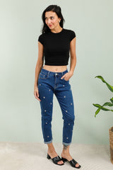 Mom fit jeans med bling blomst darkwash by G-Smack
