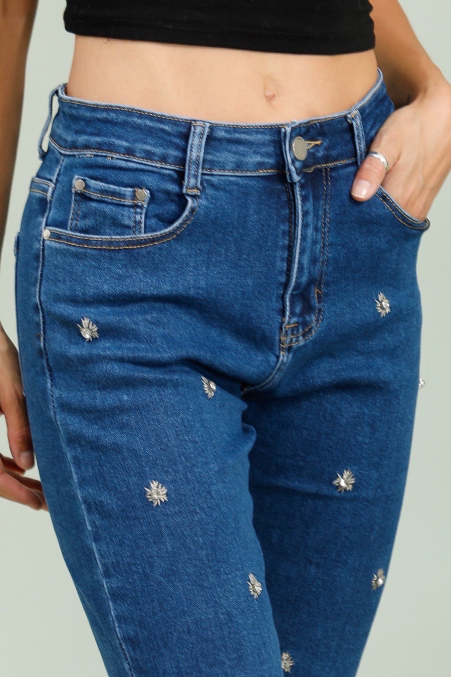 Mom fit jeans med bling blomst darkwash by G-Smack