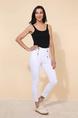 Hvide jeans med guld knappe front