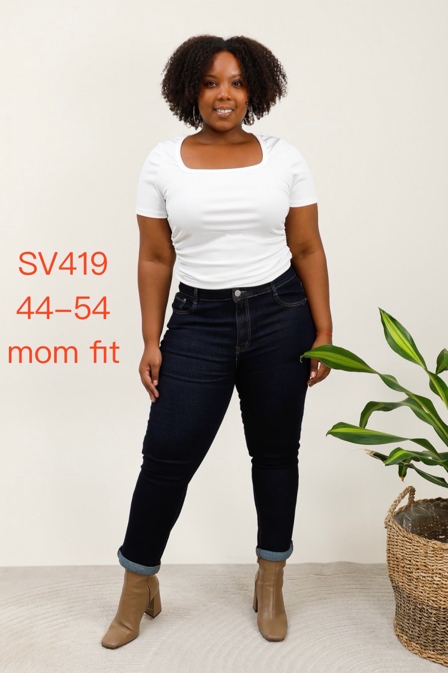 Darkwash jeans med fold mom fit plus size