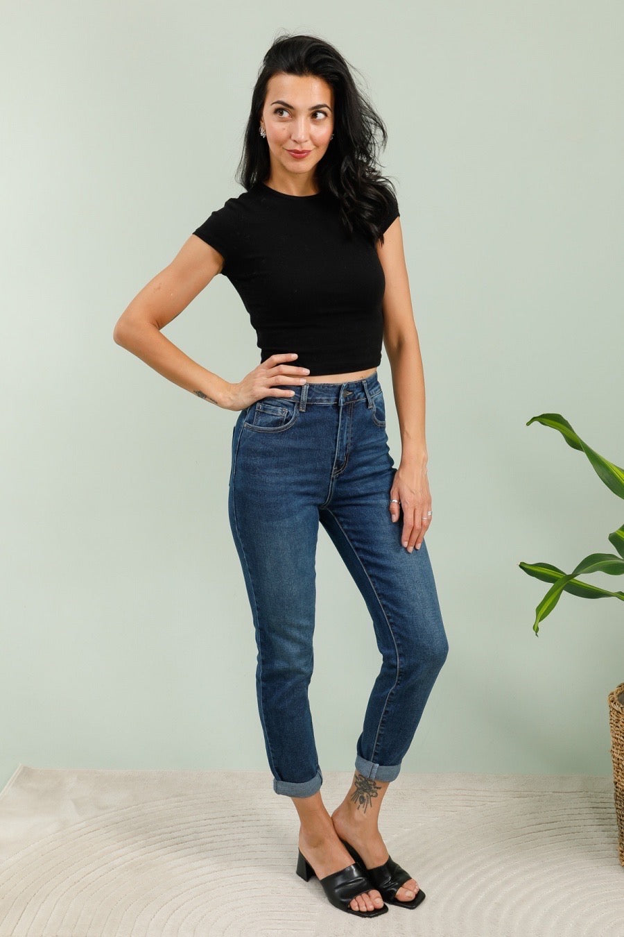Mom fit jeans med fold
