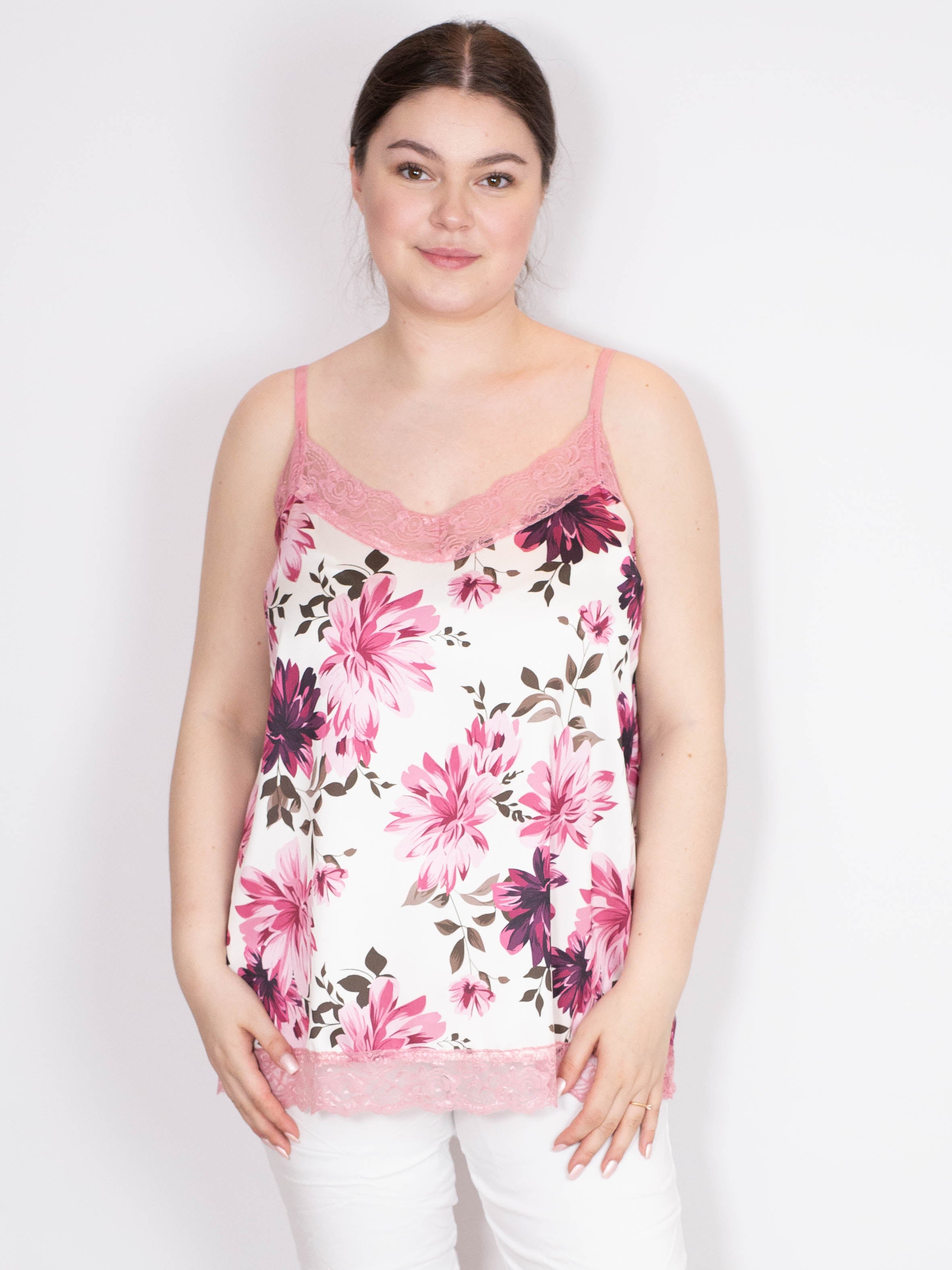Satin top med blomsterprint -
