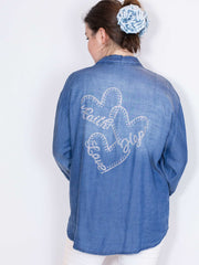 Denimlook skjorte med love bling - Str. 36-46 - Ingen returret