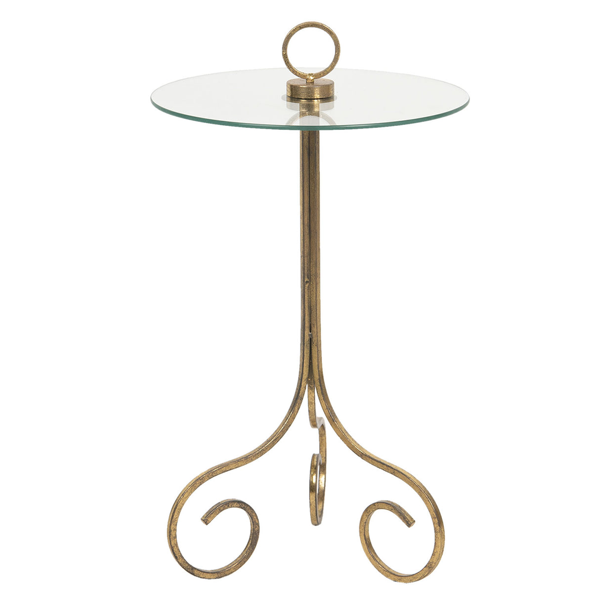 Guldfarvet sidebord med rund glas plade Ø 45x70 cm