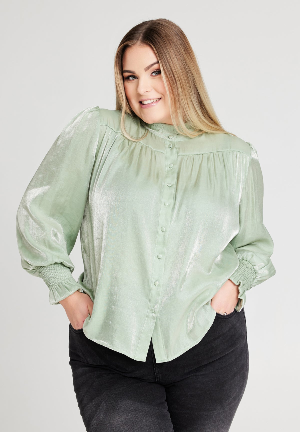 No. 1 By Ox Shirt w flair neckline and cuffs Dark Mint Green