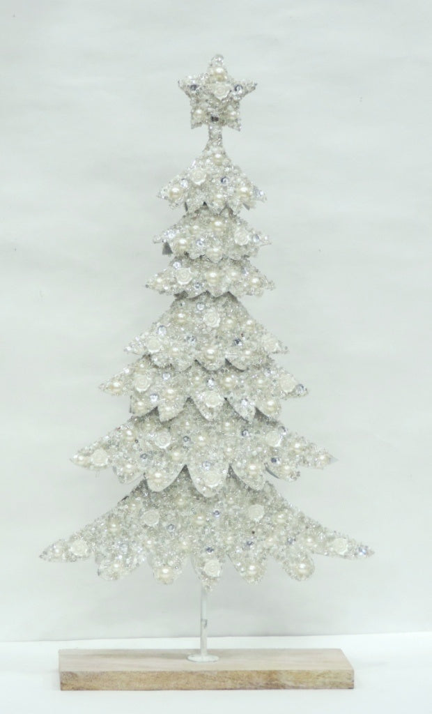 Pail.-Tree 50 cm – Hvid/Sølv juletræ med glitter og perledetaljer