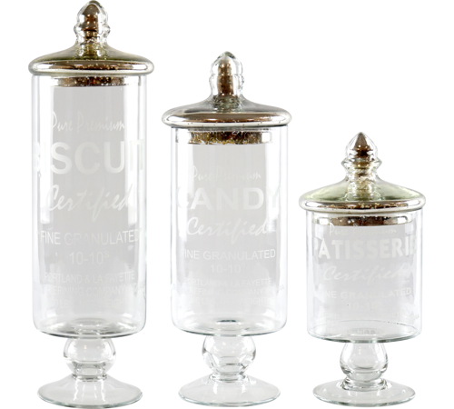 Glas krukker med sølv låg 9,5x9,5x23cm;9,5x9,5x18cm;10x10x28cm
