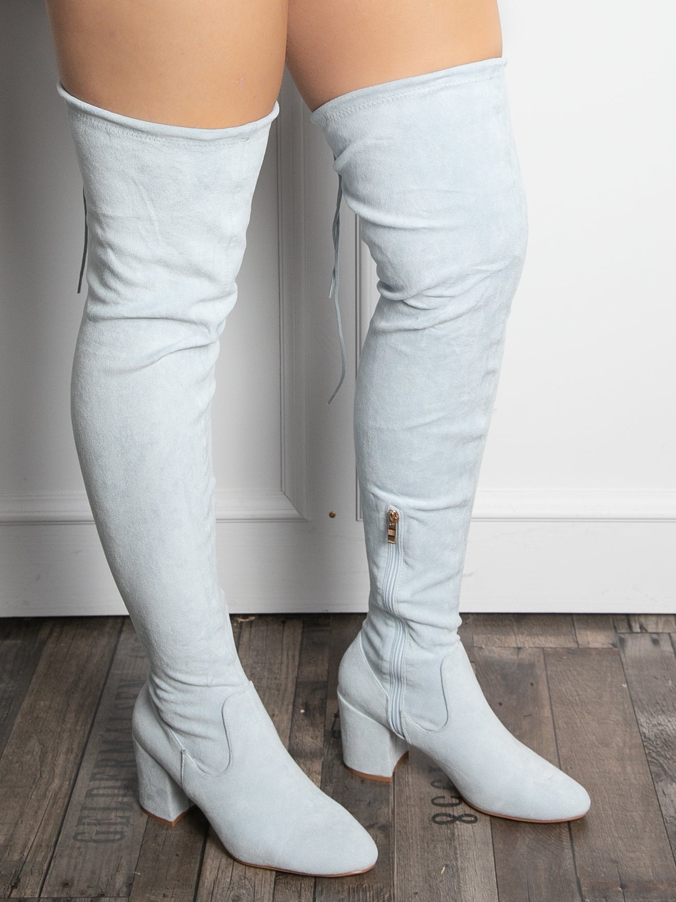 Over the knee støvler imiteret ruskind lyseblå