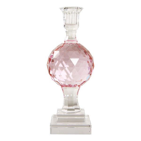 Krystal facetslebet kugle lysestage på fod, pink, 25,5xØ10 cm
