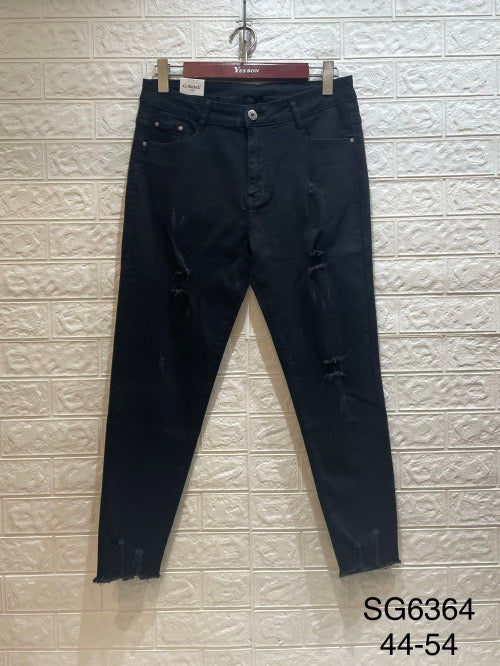 Jeans m. fryns og huller sort plus size