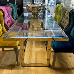 Sølv spisebord med glas plade 220x90x77cm